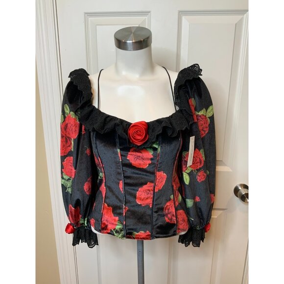 For Love & Lemons Black Red Rose Velvet Yara Top NWT $189 Size Medium - Picture 4 of 11